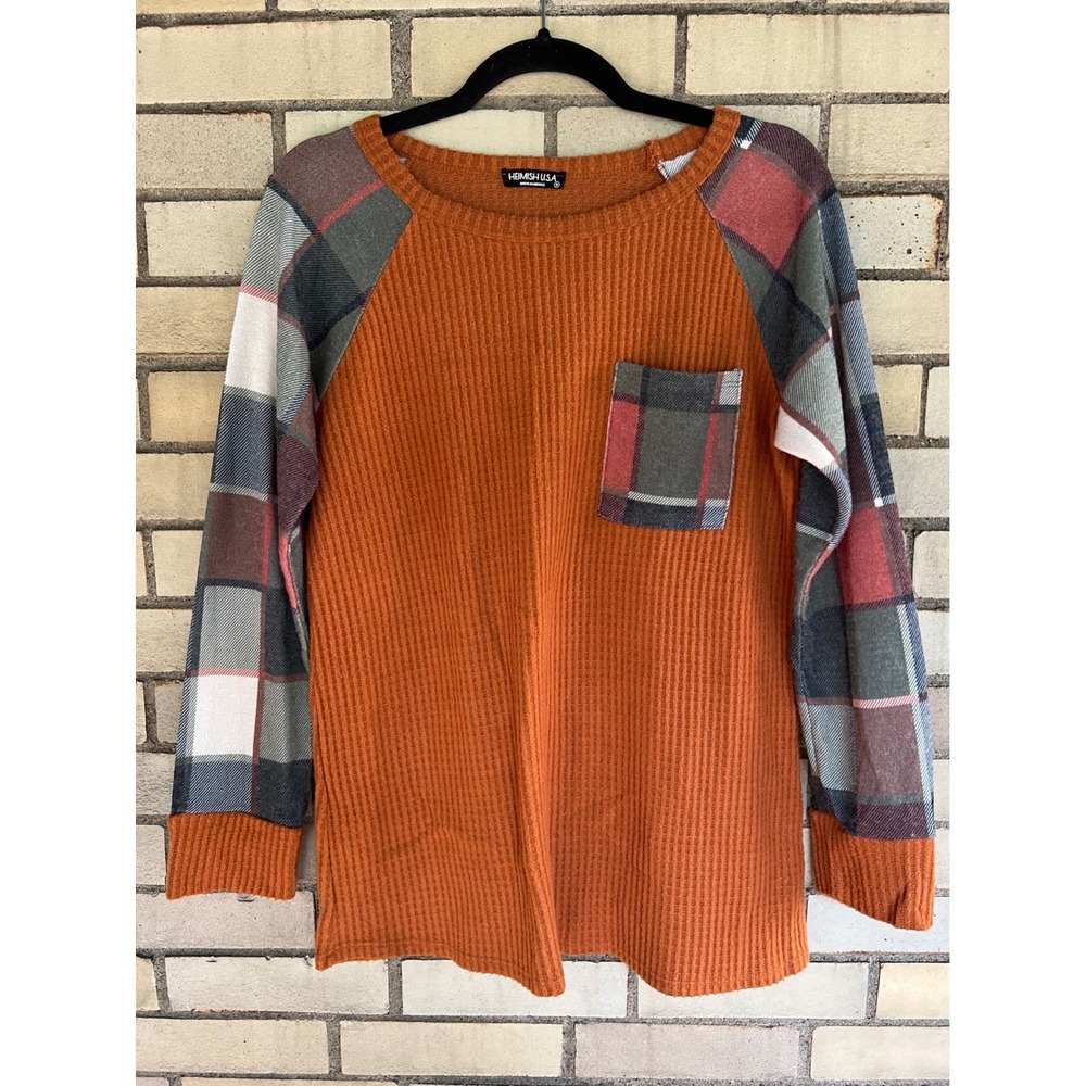 Heimish USA Fall Waffle Knit Plaid Raglan Sleeve Sweater Sz Small Pumpkin Orange